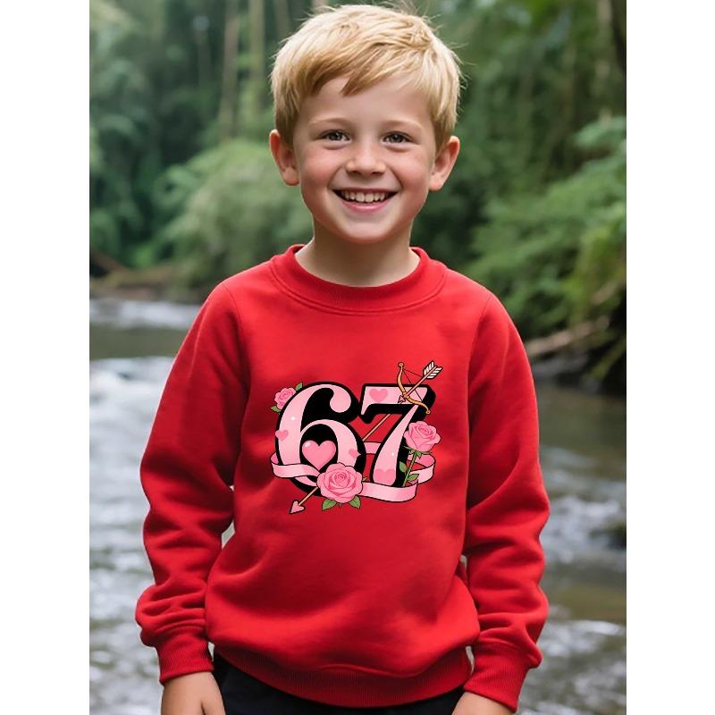 Kids Unisex  Crewneck Sweatshirt, Pink Rose Heart Cupid Arrow Ribbon 67 Graphic Long Sleeve Pullover, Soft Fleece Sweatshirts for Boys Girls Ages 4+