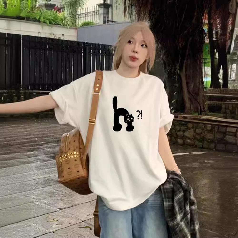 Heavy Cotton American Oversize Apricot Cartoon Cat Short-sleeved T-shirt Women's Summer Loose Couple Top Tide