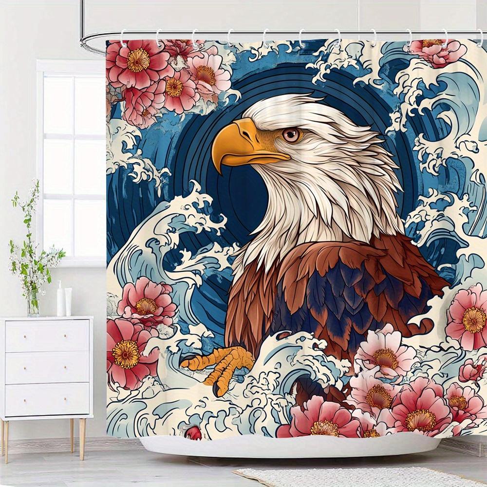 

1pc Realistic Eagle & Pink Cherry Blossoms Shower Curtain - Japanese Style Polyester Fabric with Dynamic Waves, 12 Hooks, 90x180cm