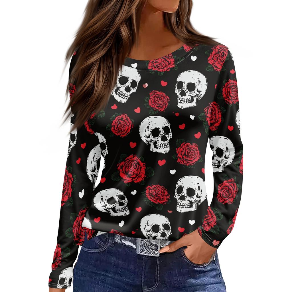 Women's Fashion Print Long Sleeve Top with Round Neck and Side Slits