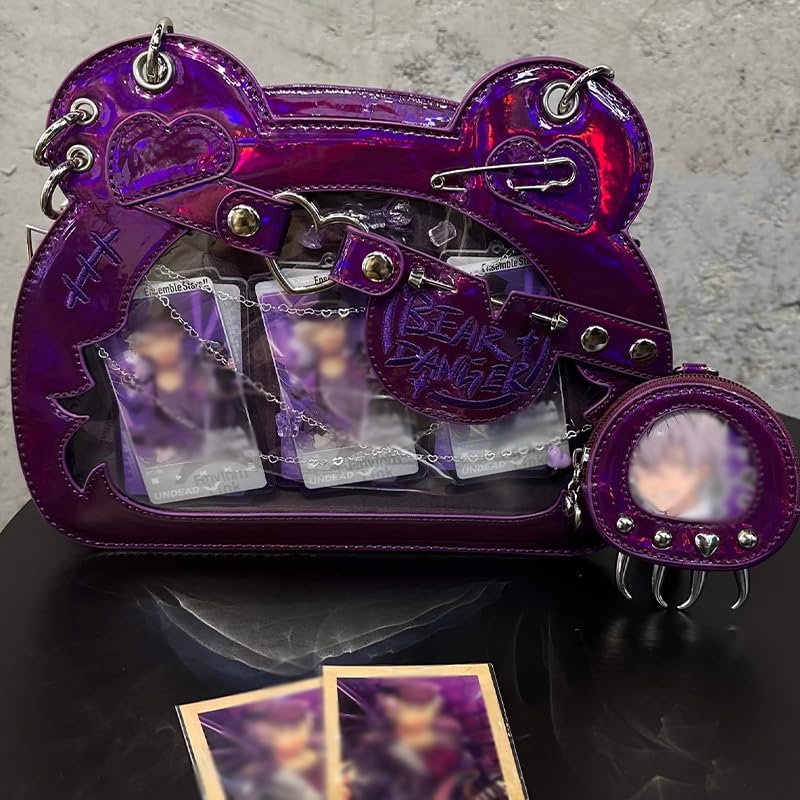 Morning Glory Landmine Bear Ita Bag with Badge Case/Purple, Otaku Goods, G.trigger Ita Bag, Clear Bag [Parallel Import]