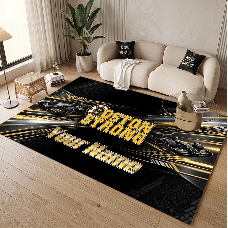 Custom Rug Boston Bruins Pattern Print Name Text Soft Non‑Slip Floor Carpet for Home Indoor Decoration