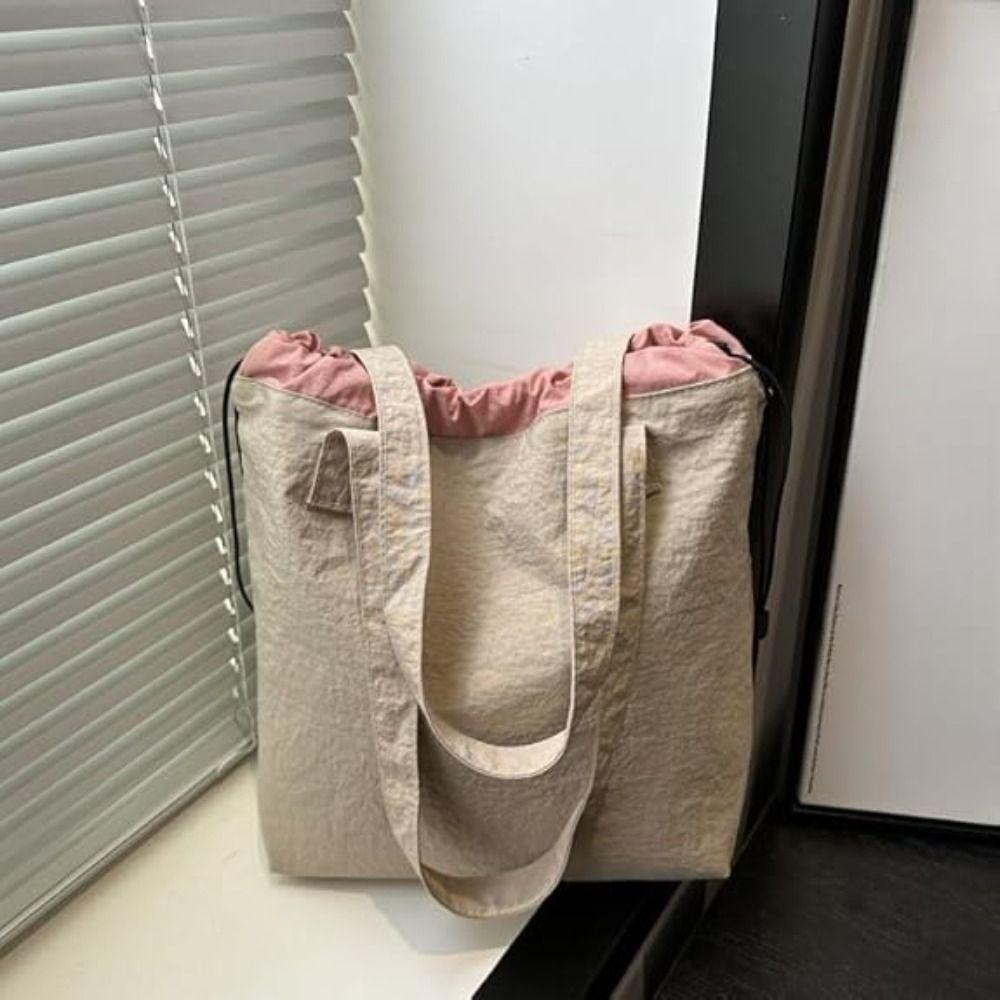 New Casual Drawstring Shoulder Bag Khaki Color Lightweight Handbag Trendy Large Capacity Tote Bag