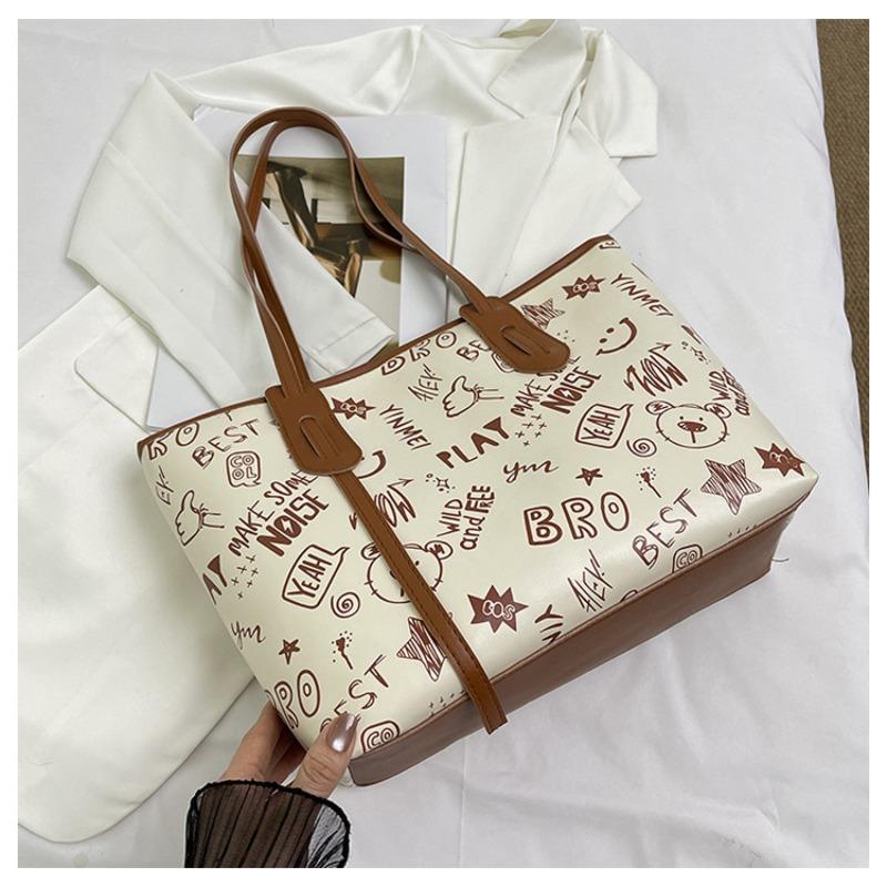 Contrasting color big bag women's spring summer new cute cartoon printed shoulder bag versatile trendy tote bag