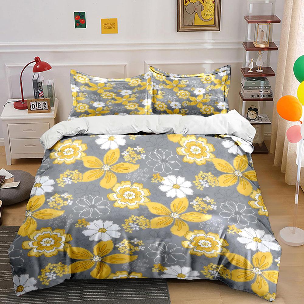 Vintage Yellow White Floral Bedding Set,Grey Background Daisy Flower Print Duvet Cover Set,Gentle Microfiber 3PC For Girls Room