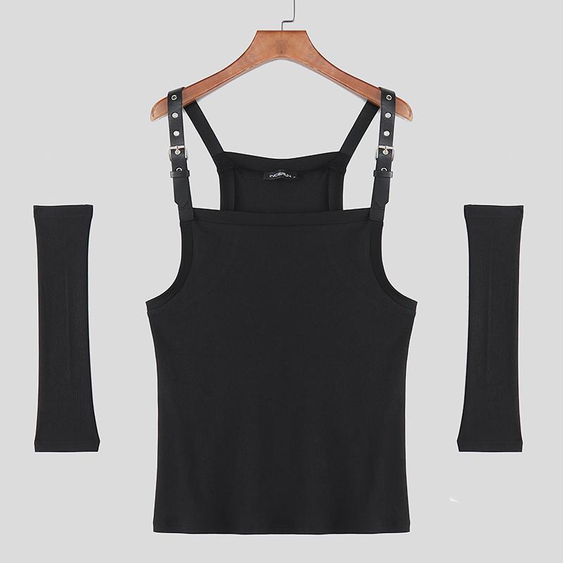 

INCERUN Мужские майки на бретелях без рукавов однотонные рубчик повседневные облегающие с рукавами XL чёрный