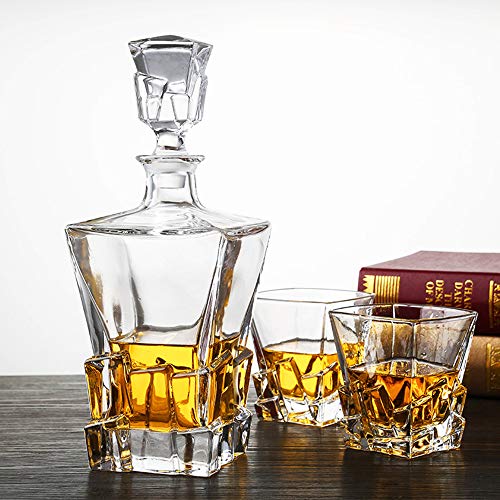 Glass Decanter with Airtight Geometric Stopper - Whiskey Decanter for Wine, Bourbon, Brandy, Spirits, Juice, Water, and Mouthwash - Italian Lead-Free