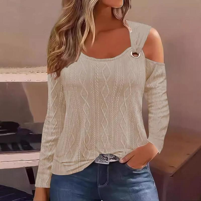 Tops women’s New Casual V-neck Metal Buckle Jacquard Long-sleeved T-shirt