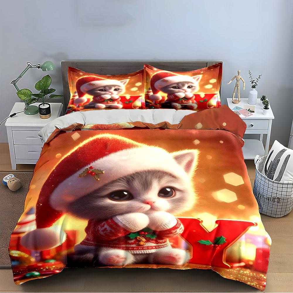 Cute Christmas Kitty Holiday Design Bedding Duvet Cover Set (1*Duvet Cover 2*Pillowcases, Without Duvet Insert)