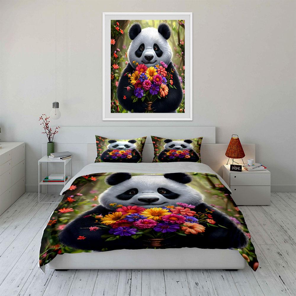 Cute Panda Holding Flowers Cartoon Duvet Cover Set With 3D Printing Design Soft Polyester Bedding Set All-Season Comfort