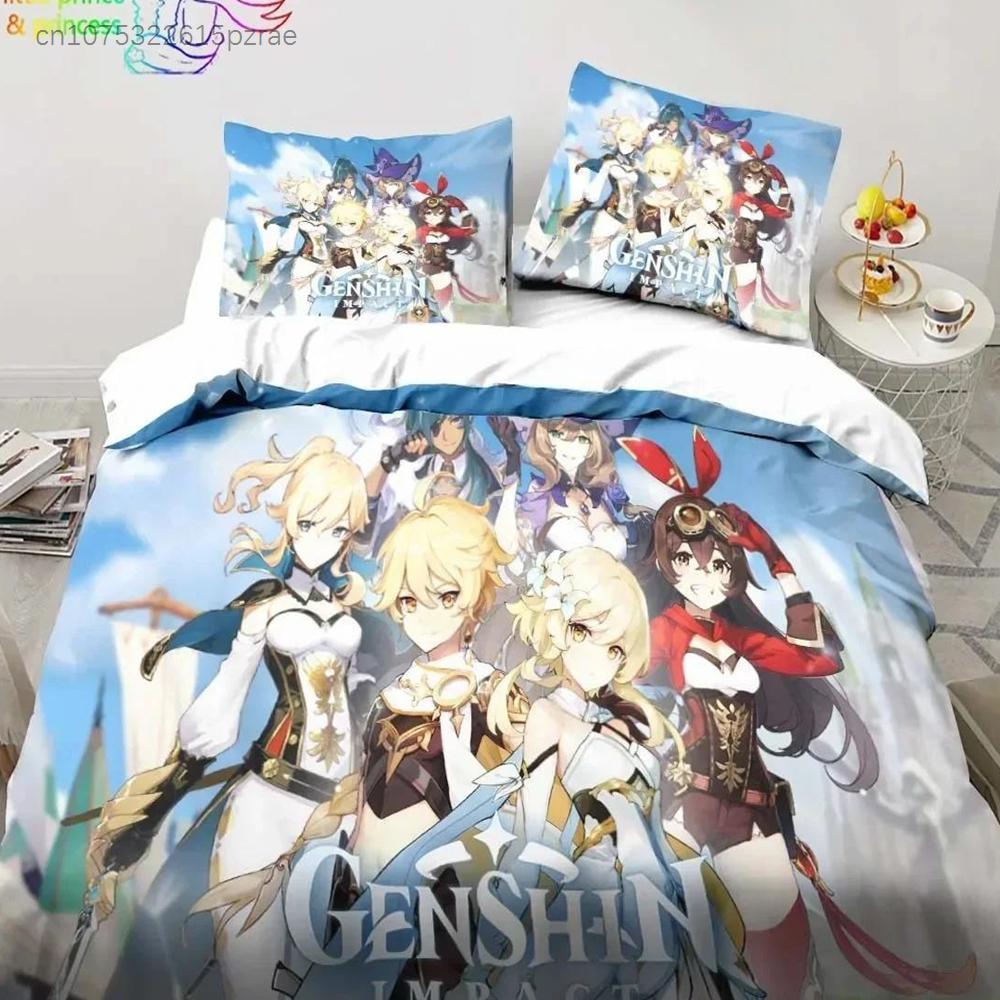 Genshin Impact Anime Povlečení 3D Potisk Vhodné do Ložnice Sada Povlaků na Peřinu s Povlaky na Polštáře Dětský Domácí Textil