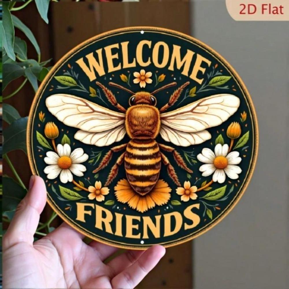 Vintage Bee Welcome Sign Round Aluminum Wall Art Floral Accents Home Decor Coffee Bar Wall Hanging