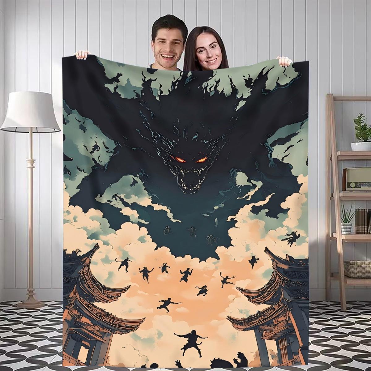 

1pc Monster in the Sky Digital Printed Design Blanket - All-Season Soft Flannel Throw with Asian Architecture & Flying Creatures 75x90cm28x35in
