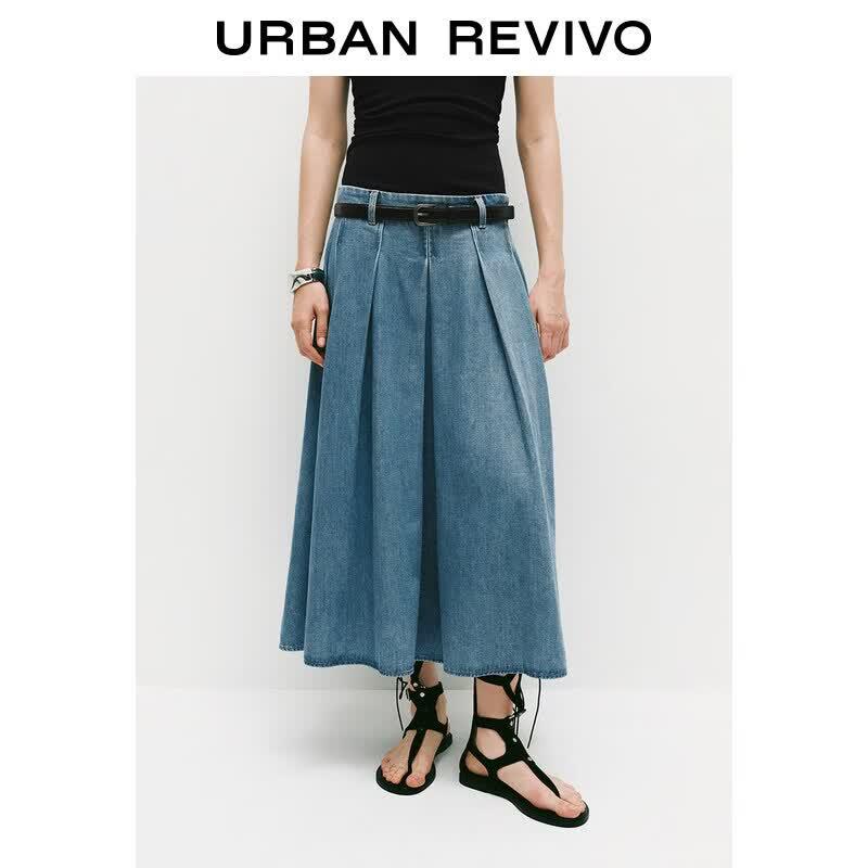 UR Women s Washed Pleated Denim Midi Skirt with Belt M синий