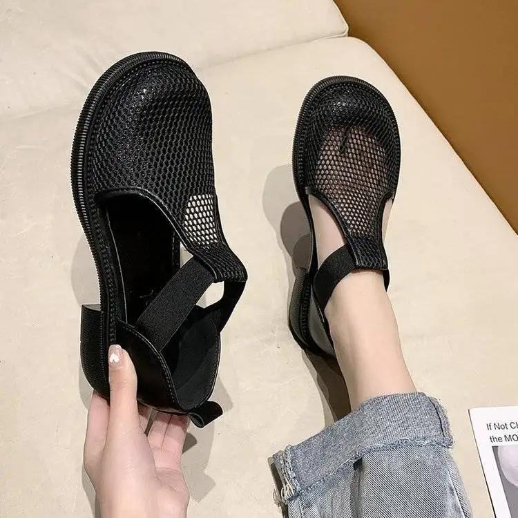 

Fashion 2025Closed Toe Sandals Black Shoes for Women Summer Breathable Beige Medium Fashion New Flat Comfort Girls Outside Buckle 35 чёрный