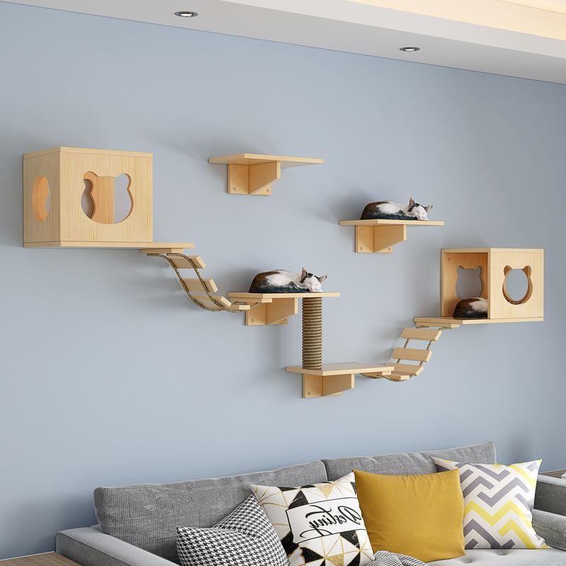 Wall-Mounted Cat Tree Combo Set Crafted from Solid Wood This Wall-mounted Aerial Playground Features a Cat Bed