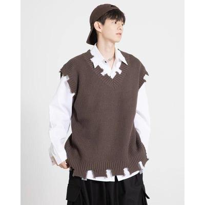 Men's Japanese Retro Distressed Knit V-Neck Sleeveless Vest - Trendy Spring/Autumn Outerwear