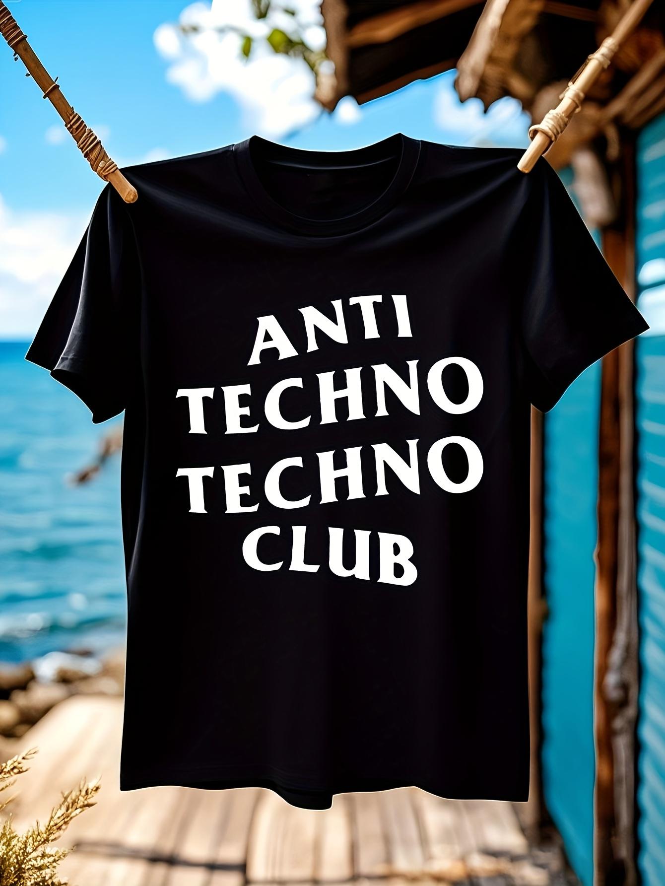 Anti Techno Techno Club Graphic T-shirt for Men - Bold White Print on Black Cotton Tee M