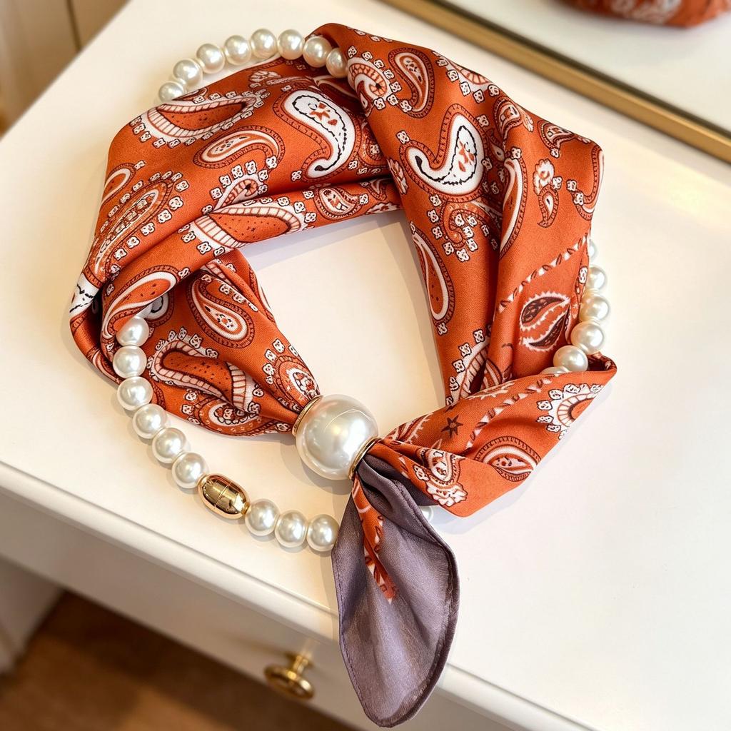 Popular Magnetic Buckle Pearl Necklace Silk Scarf Classic Striped Design Small Scarf Women's Protection Collar Anti-sun Thin Scarf