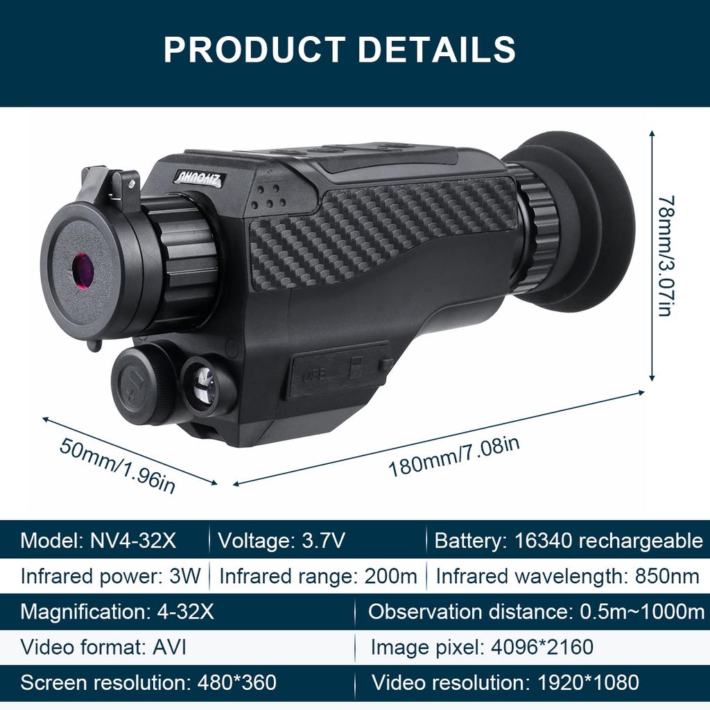 200M Full Dark Viewing Distance Outdoor Hunt Night Vision Device Infrared Optical Monocular Device 4-32X Digital Zoom Photo 3.7V