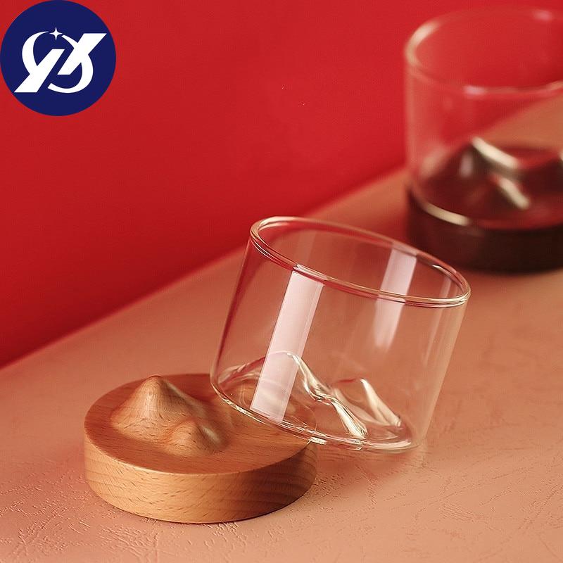 120ML Transparent Mountain W skey Glass with Wooden Base Heat Resistant Beer Glass Wine Water Tea Cup Set Bar Drinkware