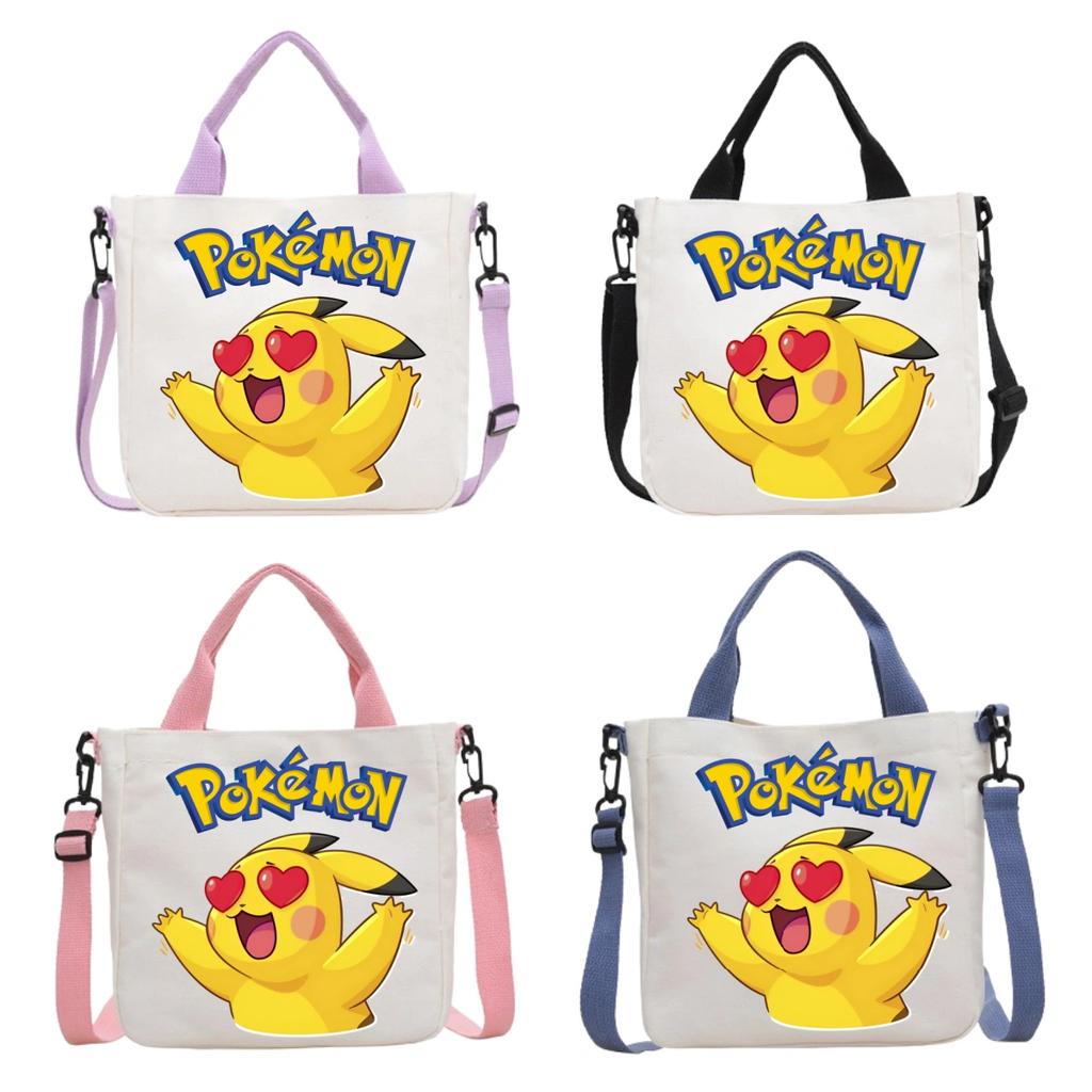 Pokemon Canvas Crossbody Bag Pikachu Cartoon Pattern Print Handbag Fashion Portable Large Capacity Travel Shopping Storage Kid Friendly Entertaining