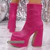 Super Hohe Klobige Absätze Strass Knöchelhohe Stiefel Rosapink Damenmode Plateau Schuhe Seitenreißverschluss Kristall Botines Stiefel Damen