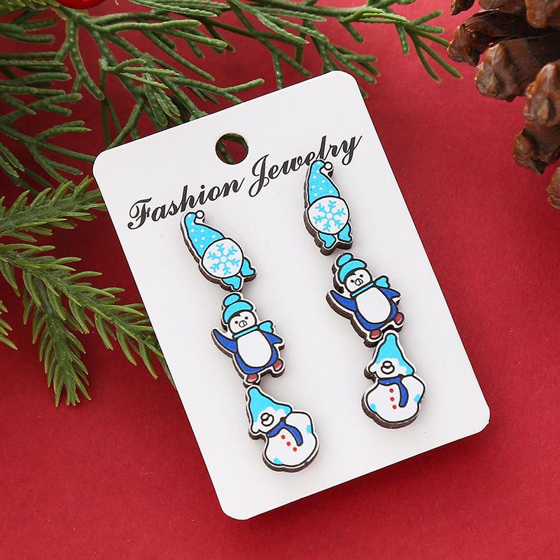 Hot Sale New Christmas Series Wooden Earrings Christmas Tree Bells Snowman Stud Earrings Set