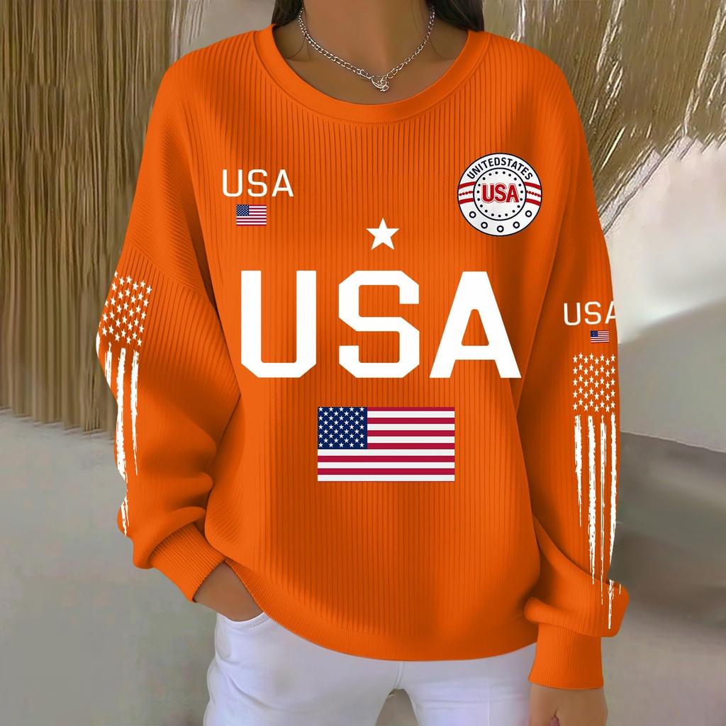 Bluza z długim rękawem z nadrukiem liter USA, z okrągłym dekoltem, casualowa, luźny krój, top dla kobiet, mężczyzn, unisex, wzór flagi