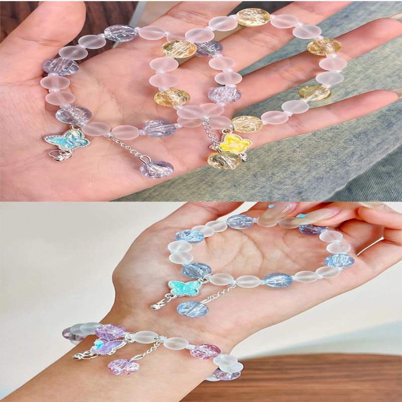 Bracelet Pendentif Papillon Fleurs Cristal Rose Coréen Pour Femmes Bracelets Chaîne de Perles Douces Bijoux Cadeaux Petite Amie