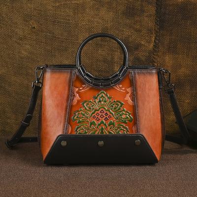 Genuine Leather Women's Bag Retro Embossed Handbag Large Capacity Versatile Shoulder Crossbody Bag