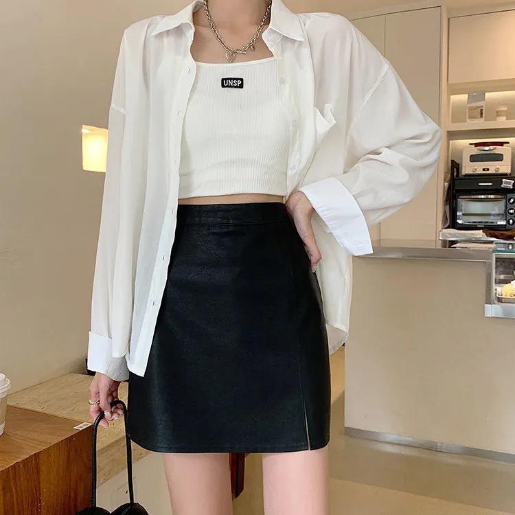 

2024 Korean Style High Waist PU Leather Mini Skirt - A-Line, Anti-Exposure, Slimming Bodycon Fit XL чёрный