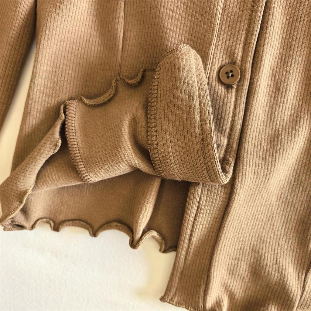 Women's Cotton Long Sleeve Two-Piece Pajamas with Chest Pads, Minimalist Style, Thickened for Spring/Winter.