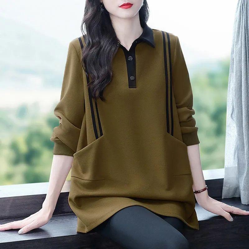 Womens Hoodie Spring Autumn New Fashion Minimalist Elegant Long Sleeve Outerwear Loose Slim Fit Tummy Hiding Versatile Lapel Top