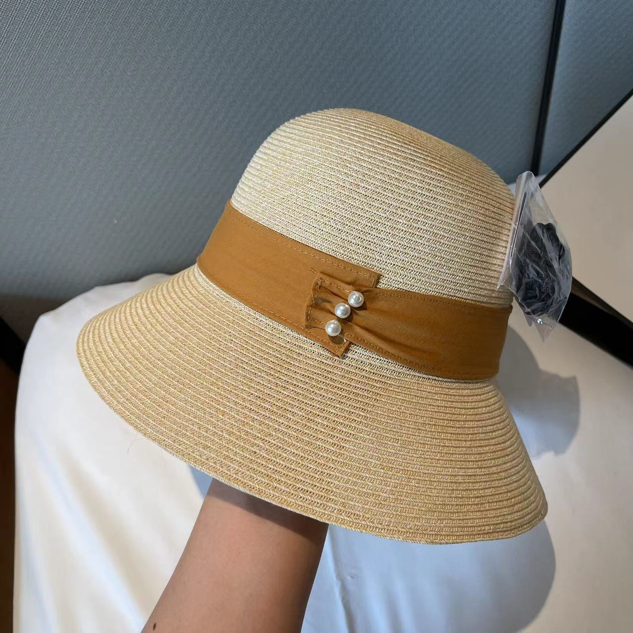 

Elegant temperament pearl straw hat women summer travel sun hat vacation beach hat children s sun hat Adult (56-58cm) хакі
