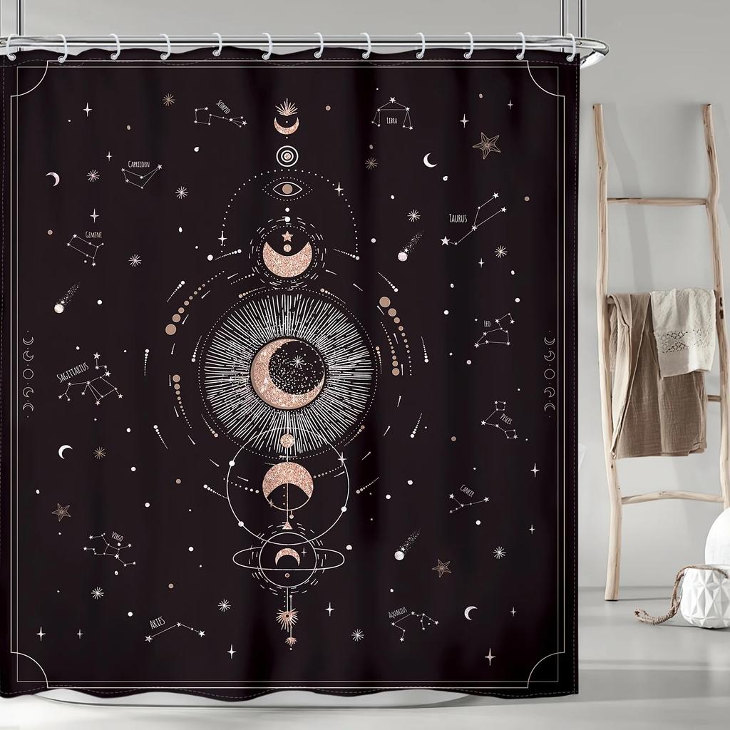 Zodiac Constellation Shower Curtain, Astrology Moon Phase Galaxy Design, Mystic Tarot Witch Aesthetic, Polyester