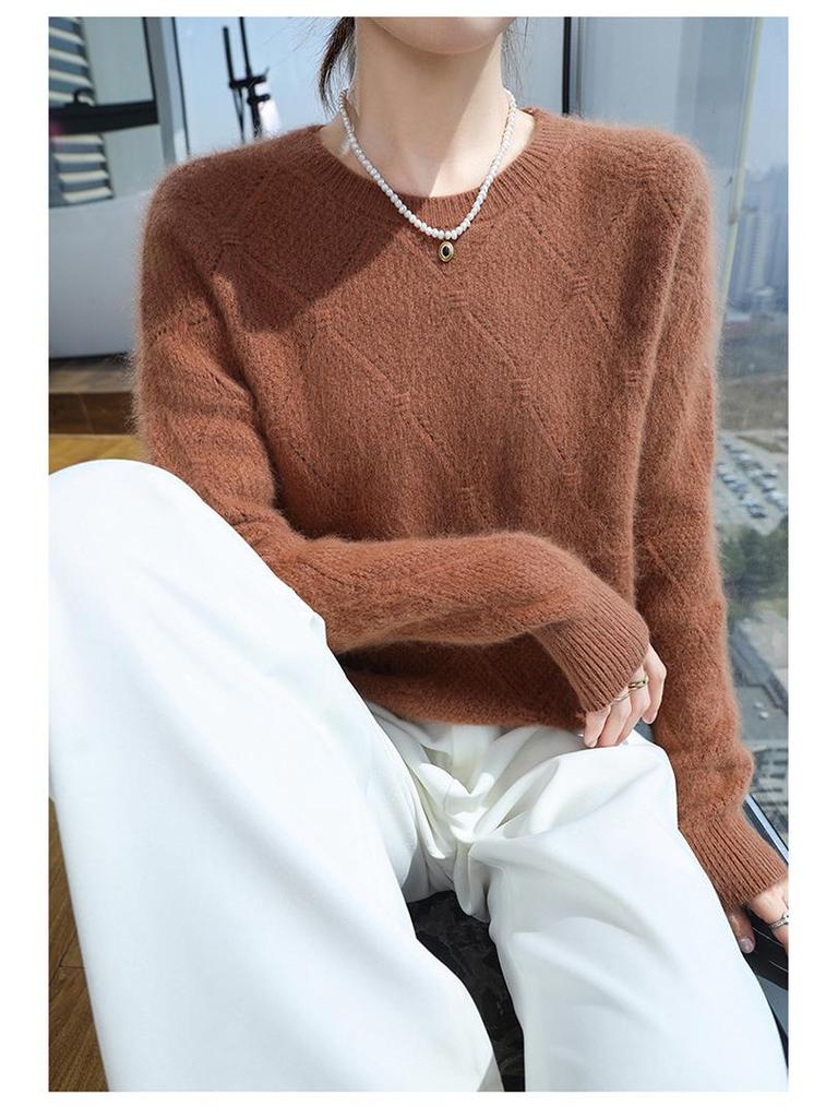 2025 Autumn/Winter Women's Loose Mink Cashmere Pullover - Round Neck, Solid Color, Diamond Knit