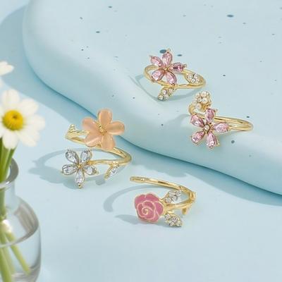 4 Pcs Simple Rhinestone Flower Rings Crystal Finger Jewelry Sweet Opening Finger Ring  Party