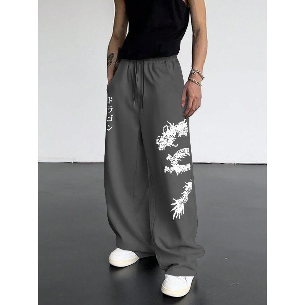 Men's Casual Pants with Trendy Dragon Pattern Letter Print Design, Daily Casual Wear, Cool Style, Versatile Wide Leg Pants