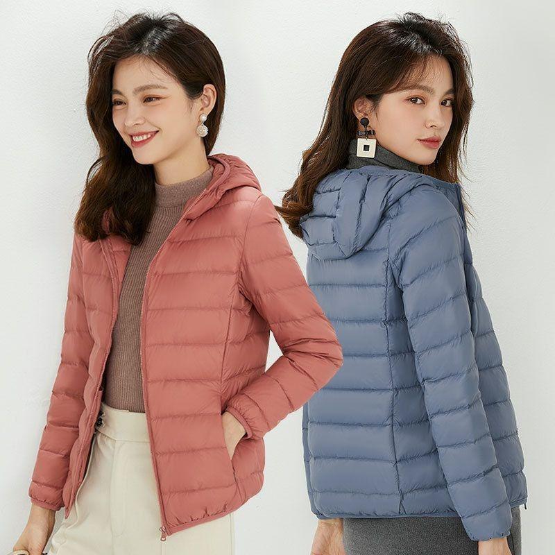 Autumn and winter down light down jacket women's hooded short light thin white duck down fashion coat