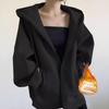 Women Autumn Winter Solid Color Cotton Hoodies Thin Velvet Oversize Zipper Pocket Fashion Coat Loose Drawstring Sweatshirts