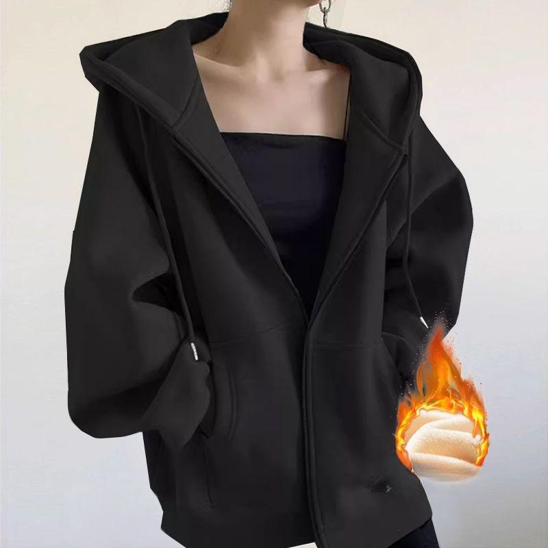 Women Autumn Winter Solid Color Cotton Hoodies Thin Velvet Oversize Zipper Pocket Fashion Coat Loose Drawstring Sweatshirts