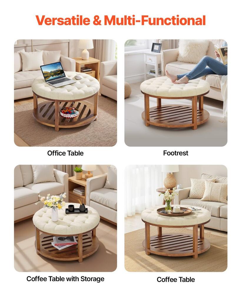 Large Round Ottoman Coffee Table, 81 cm Tufted Coffee Table with Solid Wood Shelf Storage, Linen Solid Upholstered Footrest Ottoman for Bedroom Living