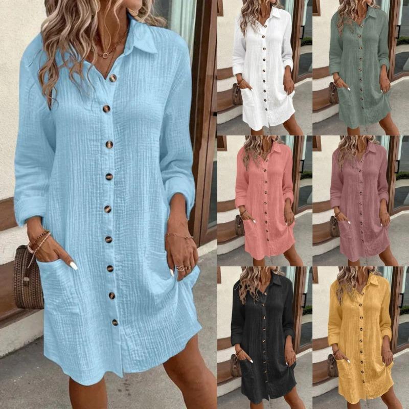 Women S Solid Cotton Linen Long Sleeve Mid Length Shirt Dress Casual