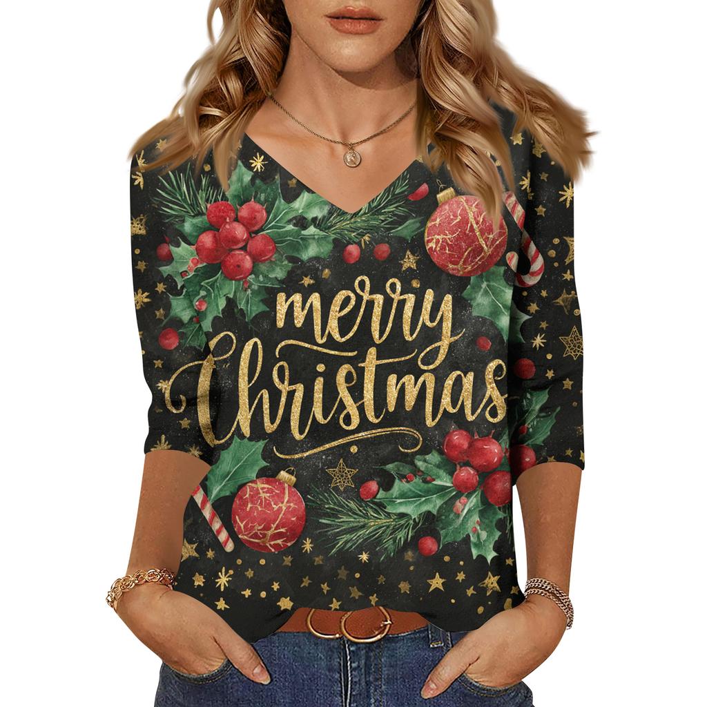 Women's Tops Three-quarter Sleeve Shirt V-neck Loose Casual Shirt Print T-shirt