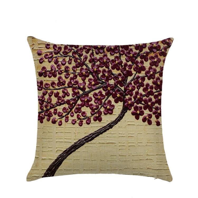Sofa Pillow European Three-dimensional Oil Painting Tree Print Polyester Cushion Home