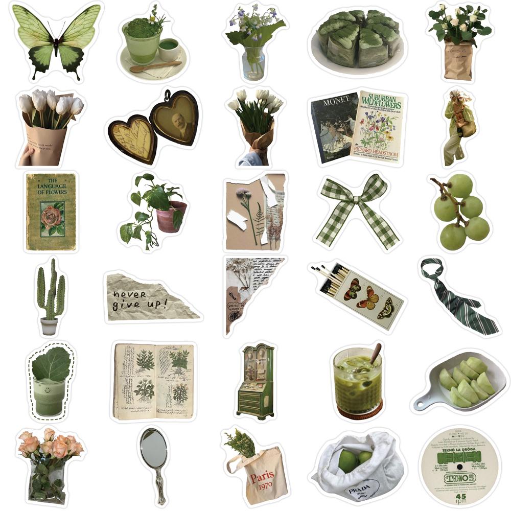 62PCS Olive Green Stickers Korean Ins Style Graffiti DIY Mug Laptop Computer Luggage Decoration Waterproof Stickers