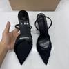Soleist New Black Woman Embroidered Mesh Open Heel Shoes Fashion Print Stiletto Women High-heel Pumps Sexy Pointed End Sandals