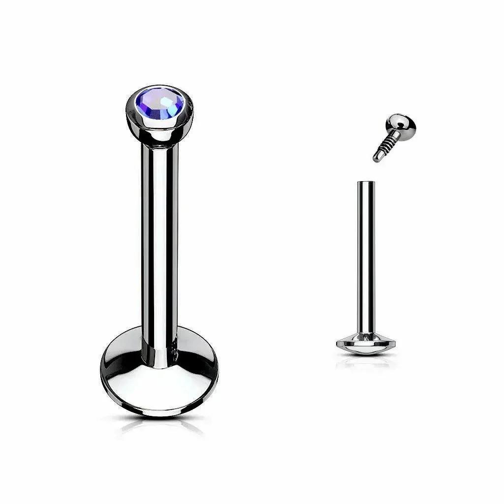 2X 2mm Multicolour Crystal Internal Thread Labret 6mm - 12mm Steel Ring Bar Ear Tragus Monroe Lip Stud Piercing