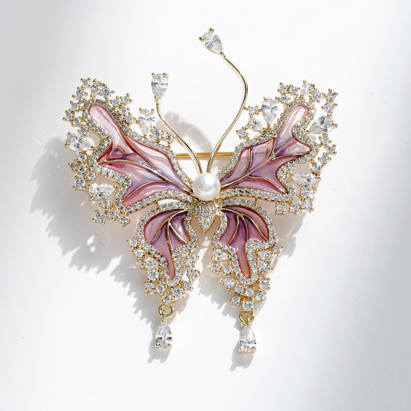 Enamel Butterfly Pearl Brooch with Zirconia for Women